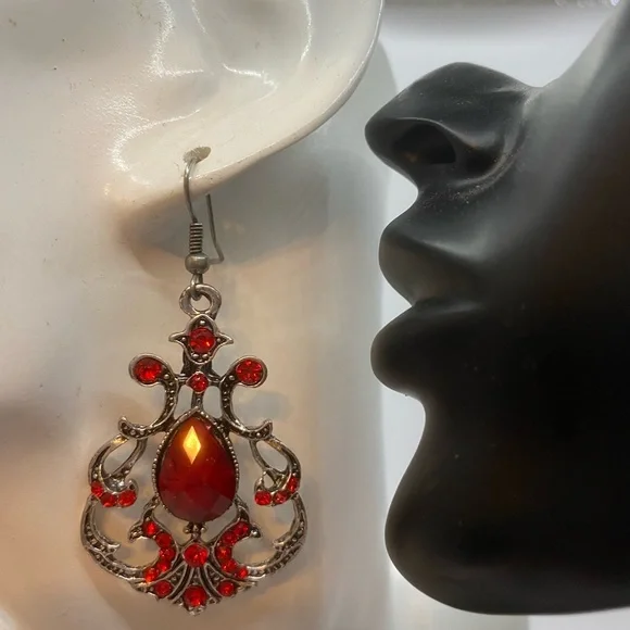 bling ruby red chandelier earrings, costume, fish hook, new. - Picture 3 of 5